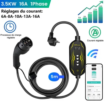Image de Chargeur portable Hexinex 3,5 kW 16 A 5 m pour voiture électrique Câble de recharge de type 2 avec fiche CEE, réglable de 5 à 16 A, étanche IP67