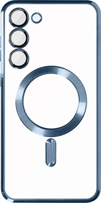 A clear, studio shot of a transparent phone case with a blue metallic accent ring for MagSafe charging.