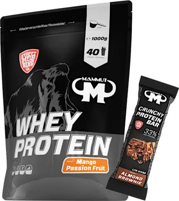 Produktbild von Whey Protein 1000 g Beutel - 40 Portionen Eiweiß + GRATIS Protein Bar (Almond Brownie), Geschmack: Mango Passion Fruit