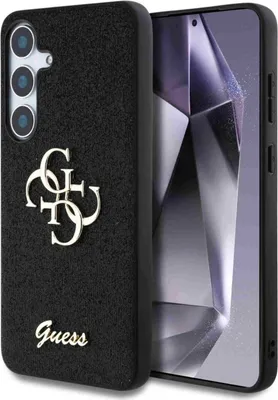 A black phone case with a silver Guess logo and text is shown next to a smartphone.