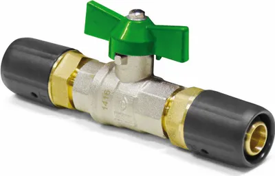 Immagine prodotto di Raccordo a pressione Pipetec - Valvola a sfera DVGW 16 x 2 mm con maniglia a ginocchiera verde : 16x2 mm Dimensione: 16x2 mm
