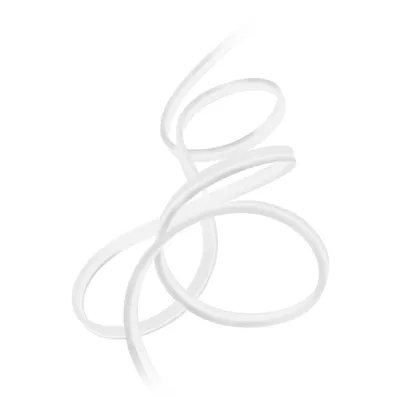 A white LED neon flex light strip is coiled and suspended against a white background.
