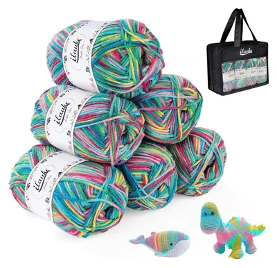 Produktbild von Acrylgarn Farbverlauf 6x50g 300g 4-fädig weich zum Stricken Häkeln Basteln mit Tasche