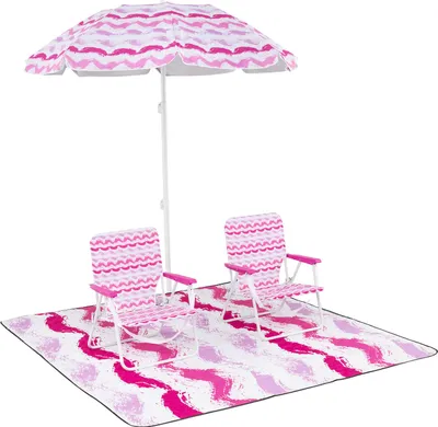 Produktbild von 4-teiliges Strandset, 2 Strandstühle mit Bodenmatte, abnehmbarer Sonnenschirm in 3 Abschnitten mit Transporttasche, 30° neigbares Design, rosa