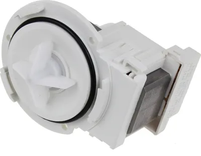 A white washing machine drain pump with a gray motor component, shown from a diagonal angle against a white background.