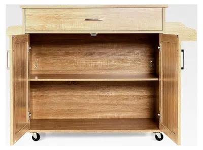 Produktbild von Küchenwagen mit Schublade und Schrank, Servierwagen aus Holz mit Rollen, Rollwagen mit Handtuchhalter, Gewürzregal und verstellbarer Ablage, Küchenschrank (Natur)