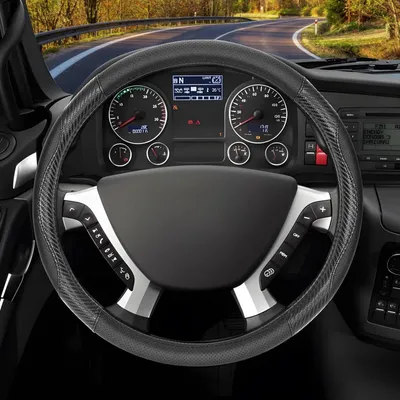 Obrázek produktu pro Potah na volant pro nákladní vozidla, 42 cm, z karbonových vláken a kůže, protiskluzový, prodyšný, černý