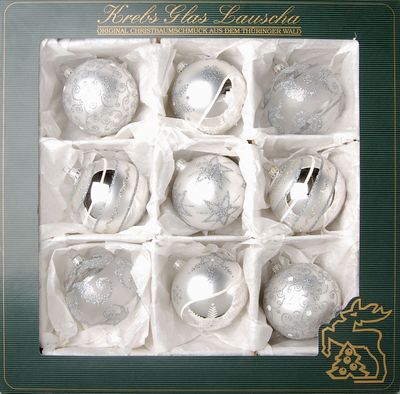 Krebs Glas Lauscha Christbaumkugeln Silber - klein - 9er Boxset - Größe ca. 8cm