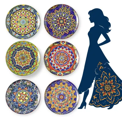 Image de Ensemble de 6 grandes assiettes en porcelaine colorée de style bohème, diamètre 26,6 cm