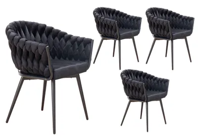 Produktbild von LC Home 4er Set Esszimmerstuhl »Remy« Flechtoptik Samt schwarz Armlehnstuhl Designerstuhl