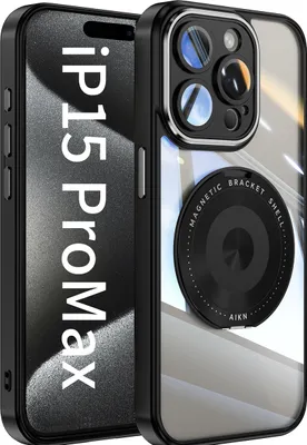 Produktbild von Handyhülle für iPhone 15 Pro Max Transparent Militärschutz mit Magnetring Ständer und Kameraabdeckung Schwarz