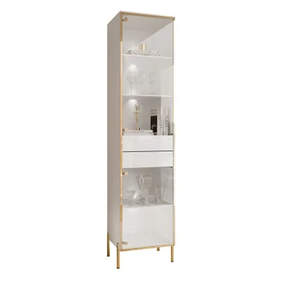 Produktbild von Vitrine AURORA Weiß / Weiß hochglanz mit LED-Beleuchtung - gerade Beine in goldenem Chrom