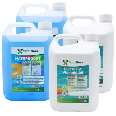 Produktbild von Famiflora clear pool package Clearswim 2x5L + Flockungsmittel 2x5L - Entfernt vollständig trübes Wasser, so dass Sie sofort kristallklares Wasser genießen können