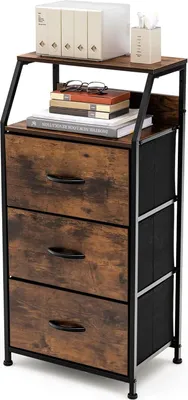 A product shot of a vintage-style storage cabinet with three fabric drawers.
