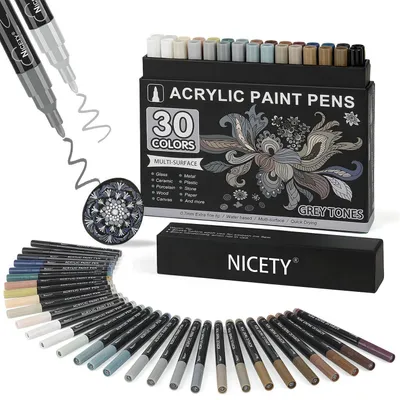 Zdjęcie produktu dla Markery akrylowe do kamieni, 30 sztuk, wodoodporne, końcówka 0,7 mm, kolory: szary/czarny/biały
