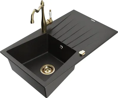 Produktbild von Mexen Cesar 1 Becken-Granitspüle mit Abtropffläche und Mischbatterie Carla, Schwarz/Gold metallisch - 6514-75-670700-50