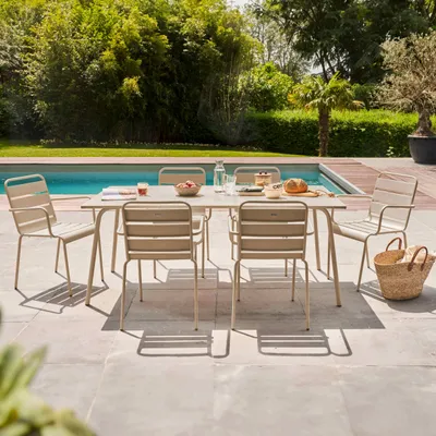 Produktbild von Gartentisch und 6 Stahlsessel Taupe - Oviala Palavas