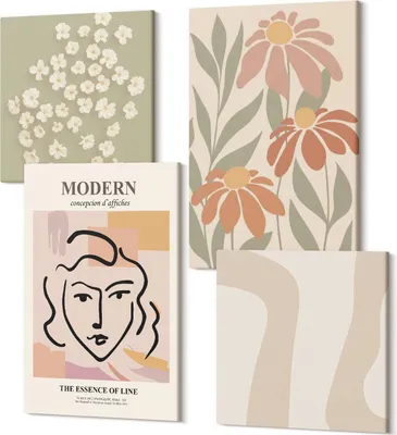 Produktbild von Leinwandbild Set 4-teilig – Modernes Wandbild – Polycanvas Kunstdruck – Abstrakte Bilder – Hochwertige Wandkunst – 2x 40x40 cm + 2x 40x60 cm – Frau im modernen Stil mit abstrakten Mustern
