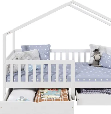 Produktbild von Hausbett ELEA aus massiver Kiefer, Kinderbett mit Rausfallschutz 90x200cm, Spielbett mit Dach in weiß