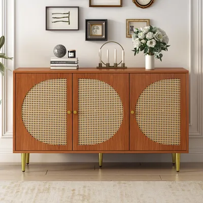 Produktbild von Komoda Merax z 6 przegrodami, 3 rattanowymi drzwiami i metalowymi nogami, rattanowe szafki do salonu z litego drewna w stylu vintage, 129,8 * 40 * 76 cm