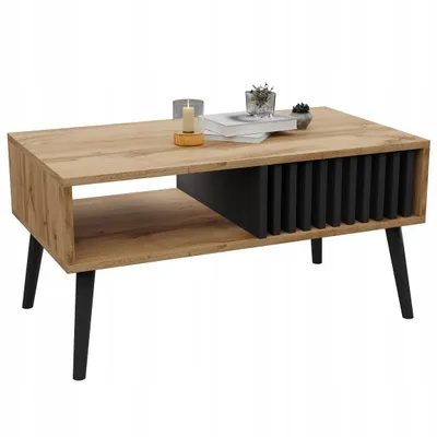 Produktbild von Skandinavischer Couchtisch Lamellen EICHE WOTAN/SCHWARZ Tisch Loft Mit Ablage