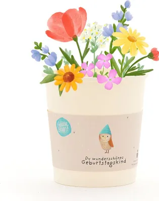 Produktbild von Geburtstagskind Becher mit Wildblumen Anzuchtset – Geschenkidee zum Geburtstag mit Saatgut, Kokos – Quelltablette & Anzuchtbecher