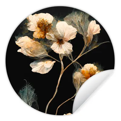 Produktbild von MuchoWow® Runde Wandtattoo - Wandsticker Tapete Aufkleber Blumen - Schwarz - Pflanzen - Vintage Ø 50 cm Selbstklebend und Repositionierbar - Wandaufkleber - Kreis - Wand Kreis - Wand Bild - Foto Tapete - Selbstklebende - Wohnzimmerdekoration - Wand Dekoration - Kinderzimmer