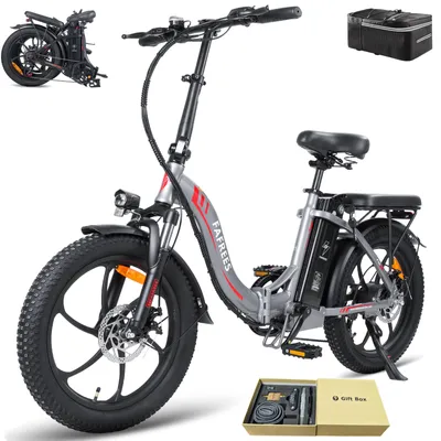A studio shot of a folding electric bicycle and its accessories.