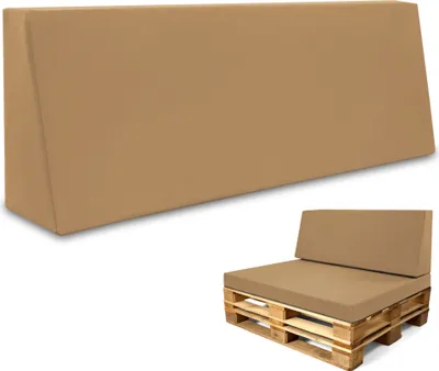 A large beige cushion is shown in the upper part of the image, and a smaller cushion on a wooden pallet is shown in the lower part.