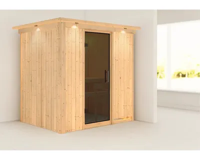 Produktbild von Elementsauna Karibu Bodina ohne Ofen mit Dachkranz und graphitfarbiger Ganzglastüre