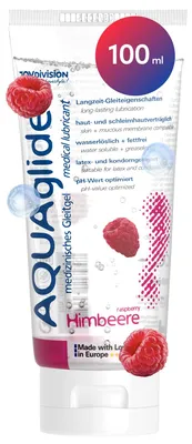 Immagine prodotto di Joydivision Aquaglide lampone 100 ml è un lubrificante vegano a base acquosa con un seducente profumo di lampone, cristallino e adatto per | preservativi in lattice, ottimizzato per il pH