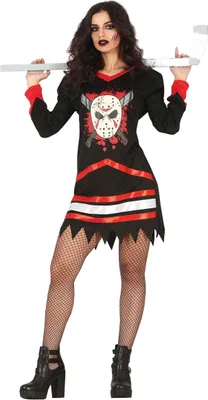 A woman is posing in a Halloween costume, holding a hockey stick.