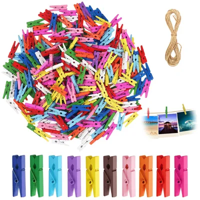 Productafbeelding van Houten klemmetjes - 100 stuks mini wasknijpers, kleurrijk - Voor het ophangen van foto's en ansichtkaarten - 3,5 cm