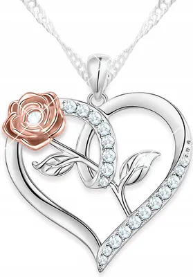 Image de Collier coeur en argent avec cristaux et fleur de rose, argent 925