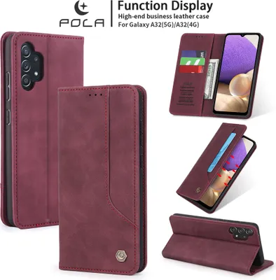 Produktbild von Galaxy A32 5G Hülle, LaimTop Retro Kunstledertasche Schutzhülle mit Kartenfach Standfunktion für Samsung Galaxy A32 5G Rot