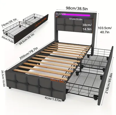 Immagine prodotto di Letto con contenitore - Letto con cassetti - Letto imbottito - Letto singolo - Letto a scomparsa - 90x200 cm