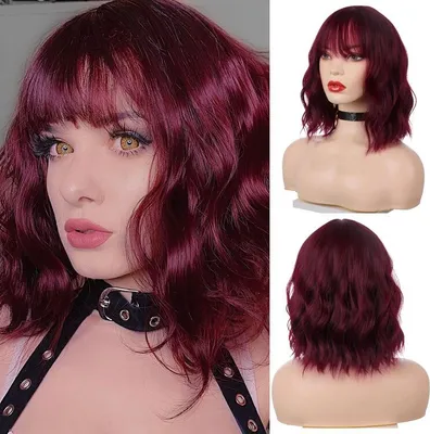 Produktbild von 35 cm Perücke Frauen, Rot Bob mit Pony Kurze Wellige Lockige Rotwein Dunkelrot Prücke für Frauen Synthetische Perucken für Tägliche Party Cosplay Kostüme