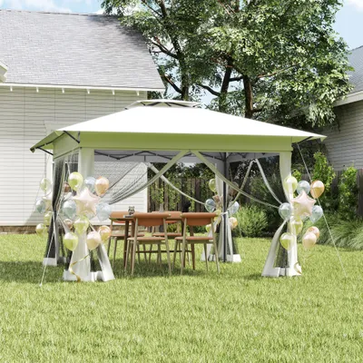 Image de Tente pop-up ACXIN 4 x 4 m, montage rapide à un bouton, tente pliable pour fêtes et jardin, double toit et aération, moustiquaire, imperméable et protection UV, avec panneaux latéraux, sac de transport inclus – Blanc