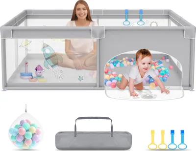 Image de ACXIN Parc pour b?b ? 180x200cmParc pour b?b ? avec 50 balles Ocean & 4 anneaux de traction & sac de transport, Tente de parc pliable avec filet respirant pour enfants, Gris avec motifs d'astronautes