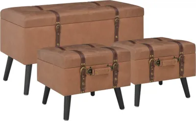 A set of three brown faux leather storage ottomans with a vintage trunk design, displayed on a white background.