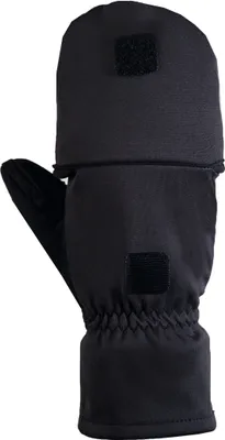 A black mitten glove with a flap that can be folded back to reveal fingerless gloves.