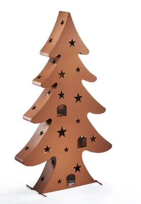 A decorative metal Christmas tree shaped candle holder with star cutouts, presented against a white background.