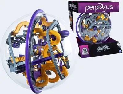 A 3D maze game in a clear sphere, displayed with its packaging.