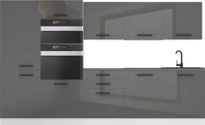 Produktbild von Belini Küchenzeile Küchenblock Grace - Küchenmöbel 300 cm Einbauküche Vollausstattung ohne Elektrogeräten mit Hängeschränke und Unterschränke, mit Arbeitsplatten, Silber Hochglanz