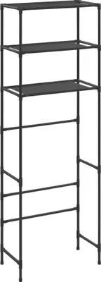 A black metal shelving unit against a white background.