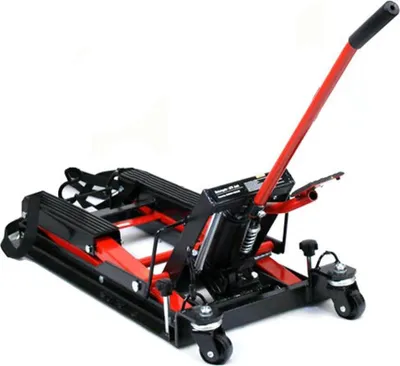Zdjęcie produktu dla Podnośnik motocyklowy – podnośnik hydrauliczny – nośność 680 kg – wysokość podnoszenia 11,5–37,5 cm – platforma 30×28 cm – wymiary 75×35×15 cm – kolor czerwony