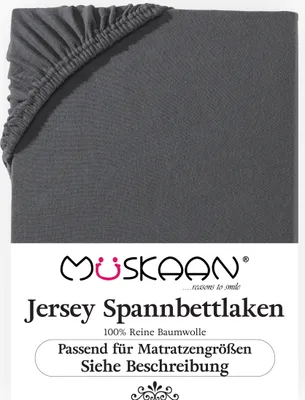 A close-up of a dark gray fitted sheet with elasticized corners, placed on a white background with product information below.