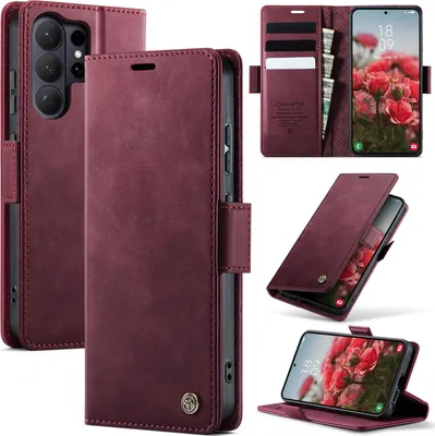 Immagine prodotto di Custodia in pelle per Samsung Galaxy S26 Ultra, protezione RFID, chiusura magnetica, scomparti per carte e funzione supporto Rosso