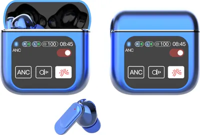 A product shot of blue wireless earbuds and their charging case, with a close-up of one earbud at the bottom.