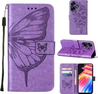 A collage of images showing a purple leather phone case with a butterfly embossed design.